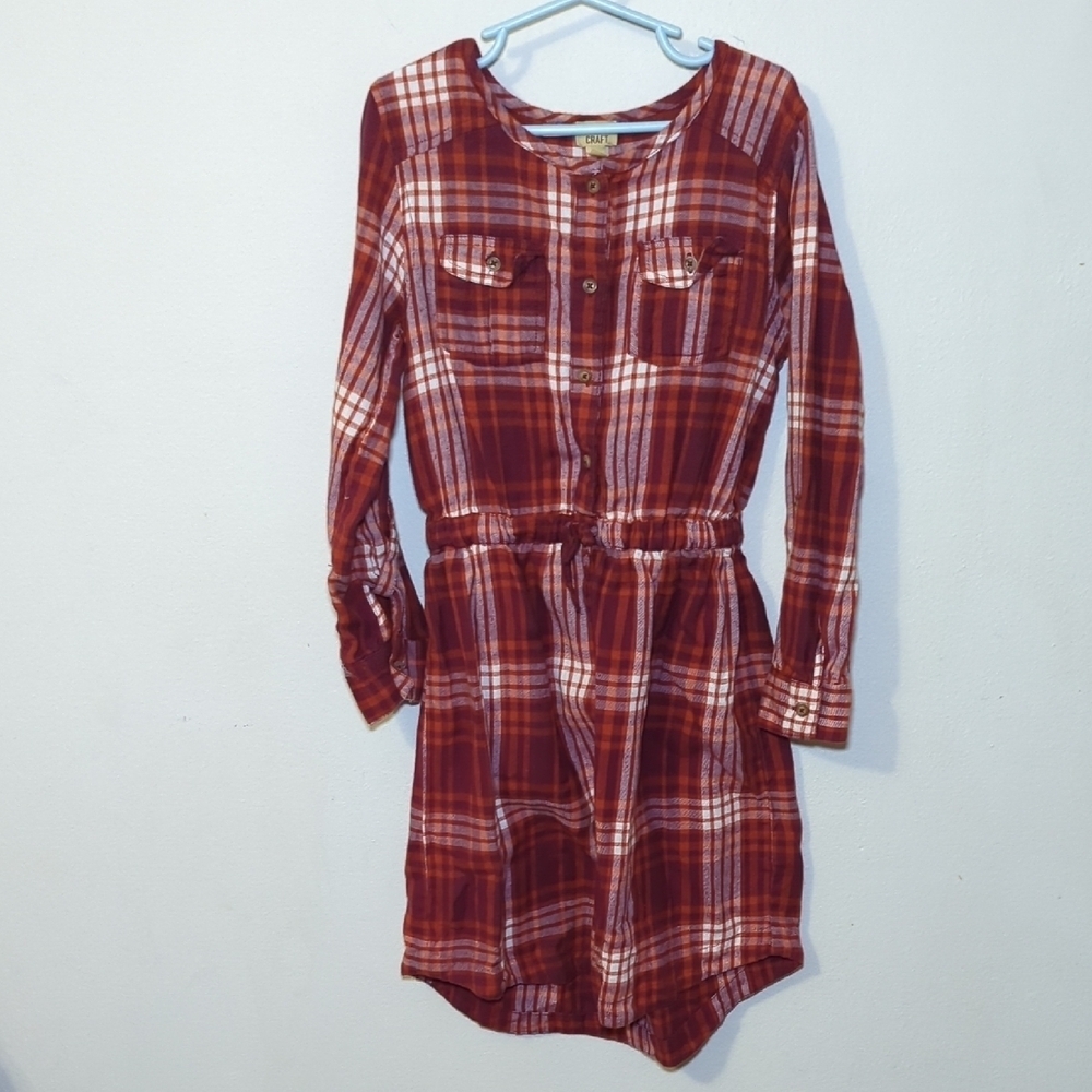 True Craft Plaid Flannel Dress Red Long Sleeve Drawstring Waist Girls Size M